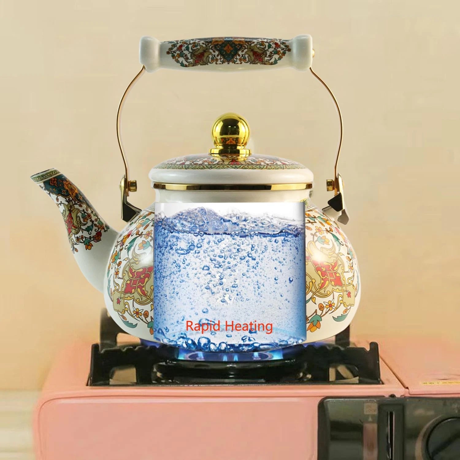 Floral Enamel Tea Kettle Vintage Gold Beige Teapot Colorful Boho Hot Water | eBay