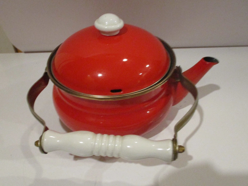 Vintage Bright Red Enamel Tea Pot Kettle w White Wooden Handle Brass fittings | eBay