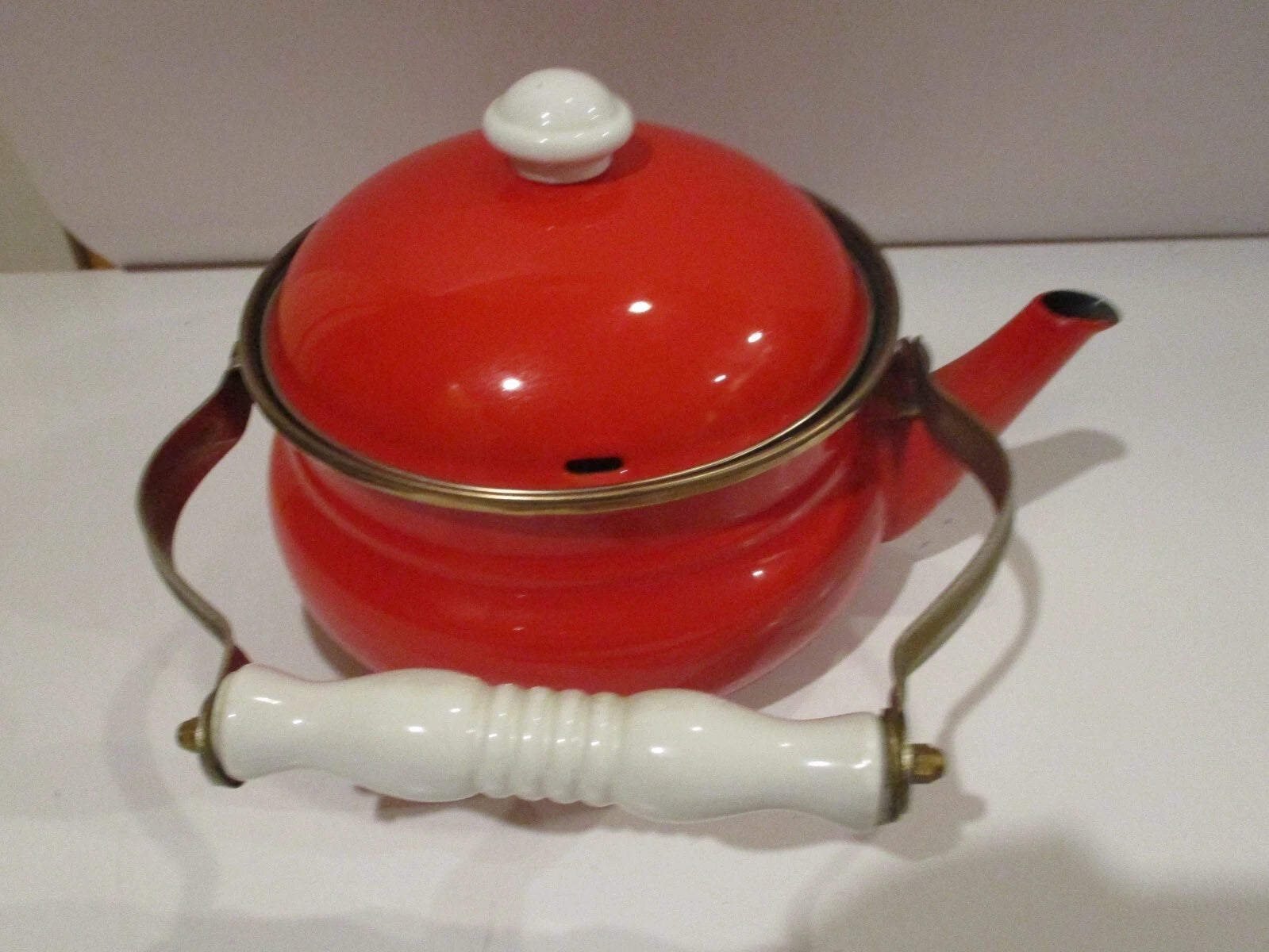 Vintage Bright Red Enamel Tea Pot Kettle w White Wooden Handle Brass fittings | eBay