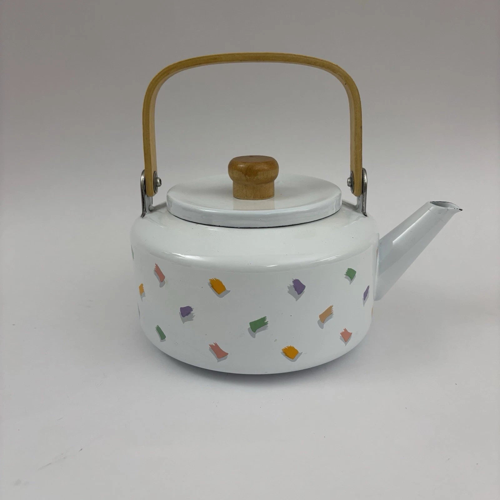 Vintage Enamel Teapot 90’s Confetti Design Wooden Handle Great Condition | eBay