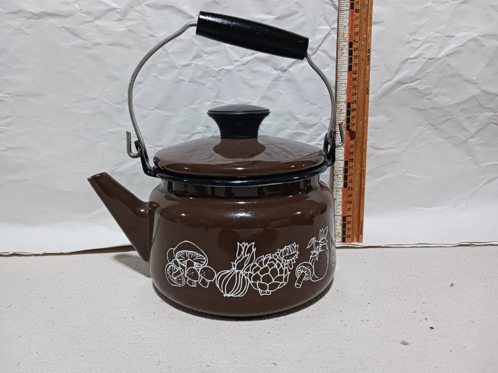Vintage Brown Enamel Tea Pot/Kettle w/ Mushroom Vegetable Pattern | eBay