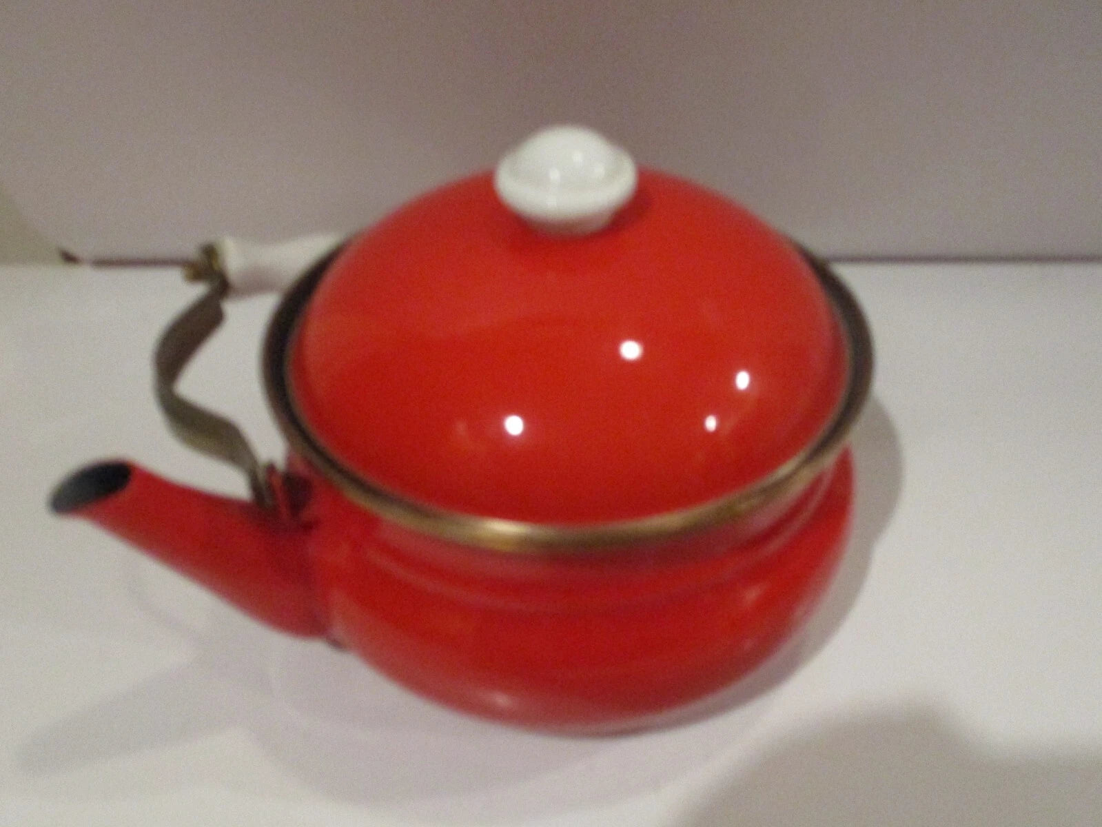 Vintage Bright Red Enamel Tea Pot Kettle w White Wooden Handle Brass fittings | eBay
