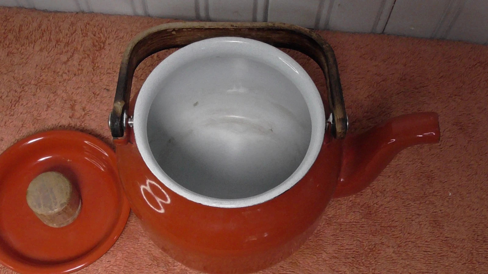 Vintage Enamel Teapot Tea Kettle MCM Teak Wood Handle reddish orange | eBay