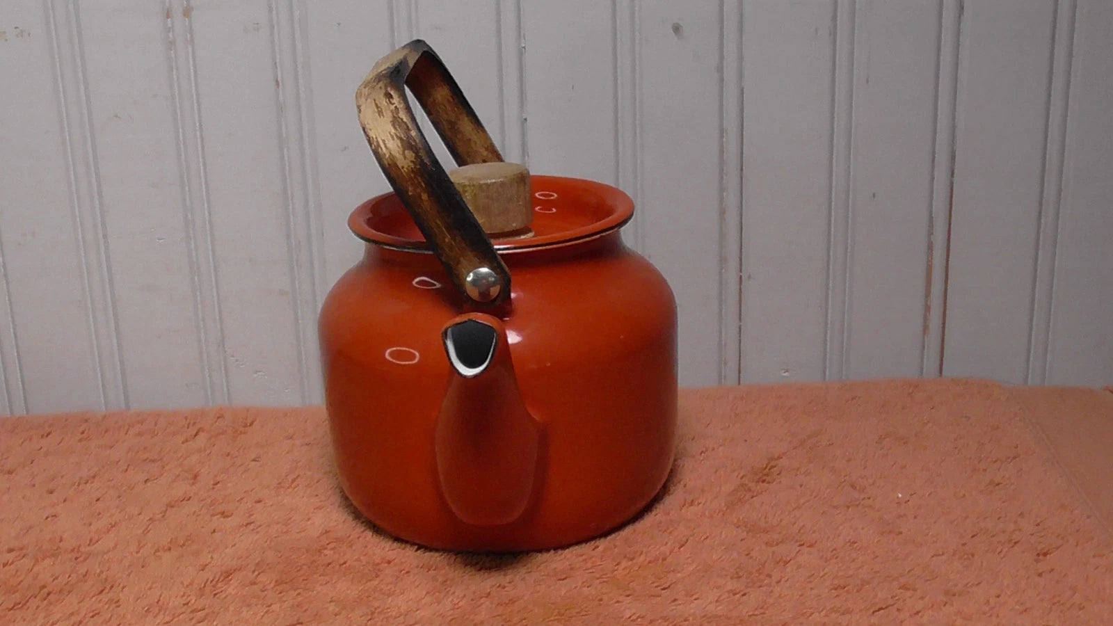 Vintage Enamel Teapot Tea Kettle MCM Teak Wood Handle reddish orange | eBay