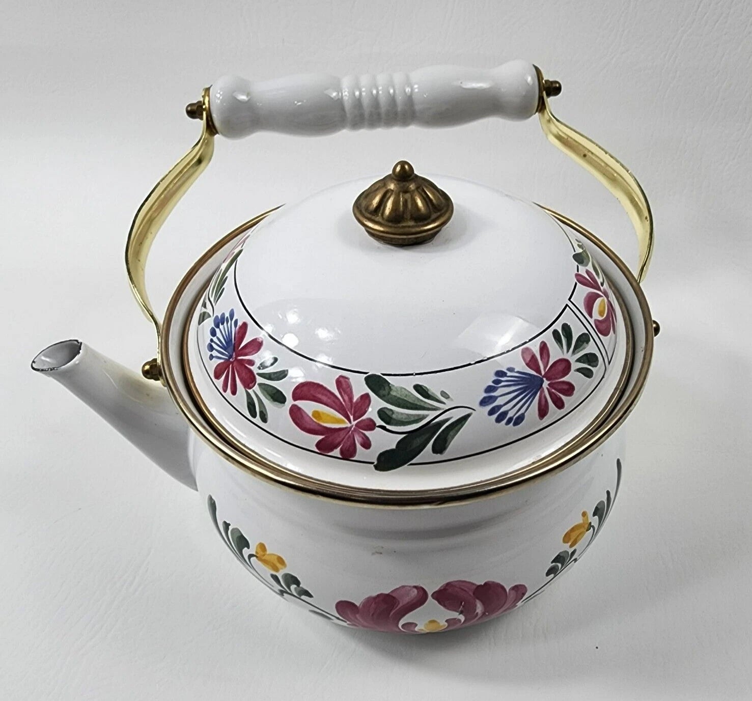 Enamel Tea Kettle Pot Metal Pennsylvania Dutch Floral Brass Knob Ceramic Handle | eBay