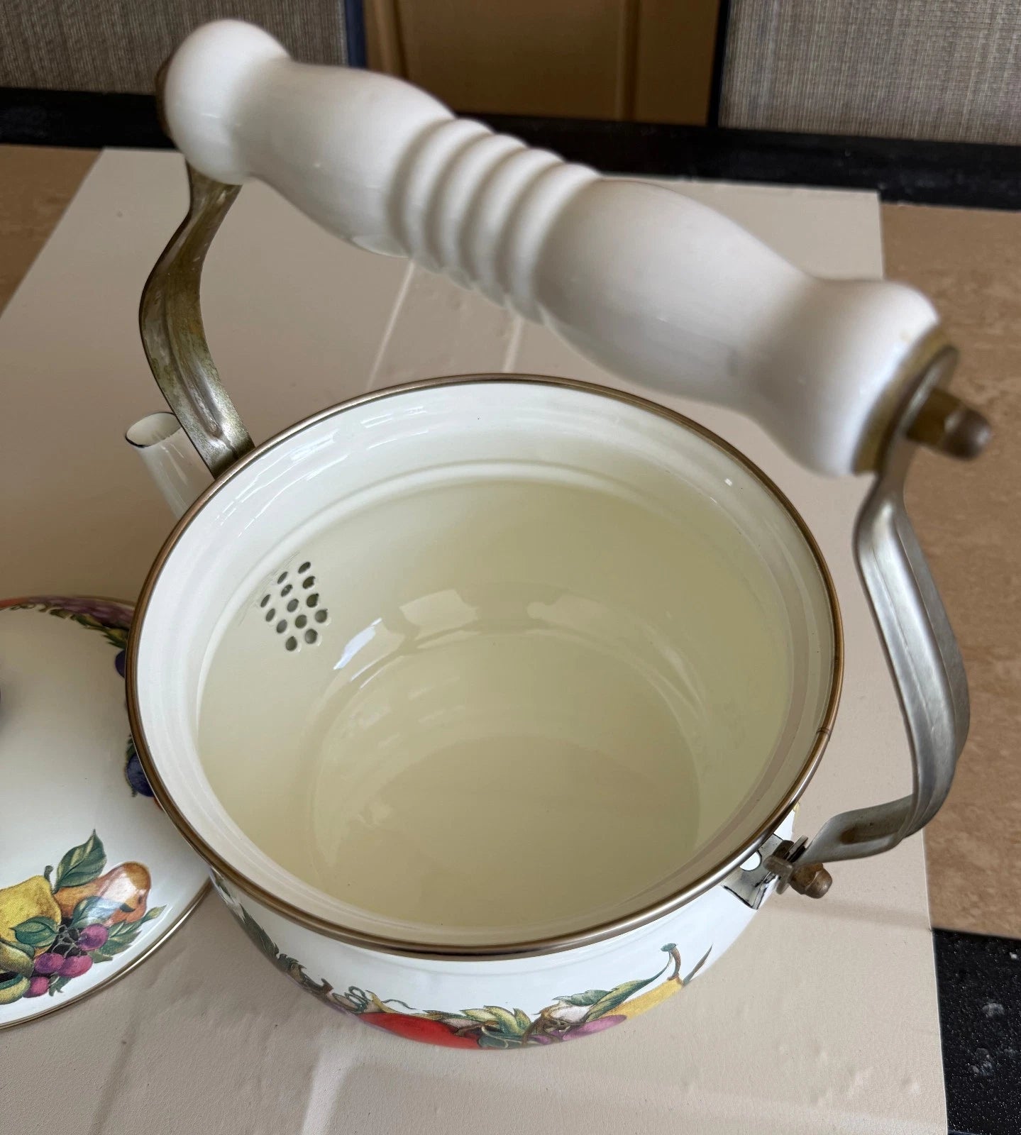 CORNUCOPIA DECORATIVE ENAMEL COATED TEA POT FRUIT DESIGN BRASS & CERAMIC HANDLE | eBay