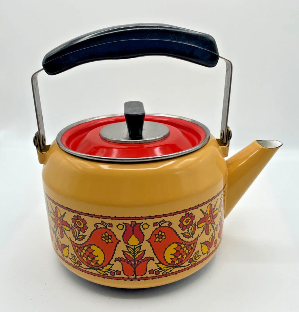 Vintage Fancipans Enamelware Teapot Orange Yellow Birds Flowers RARE | eBay