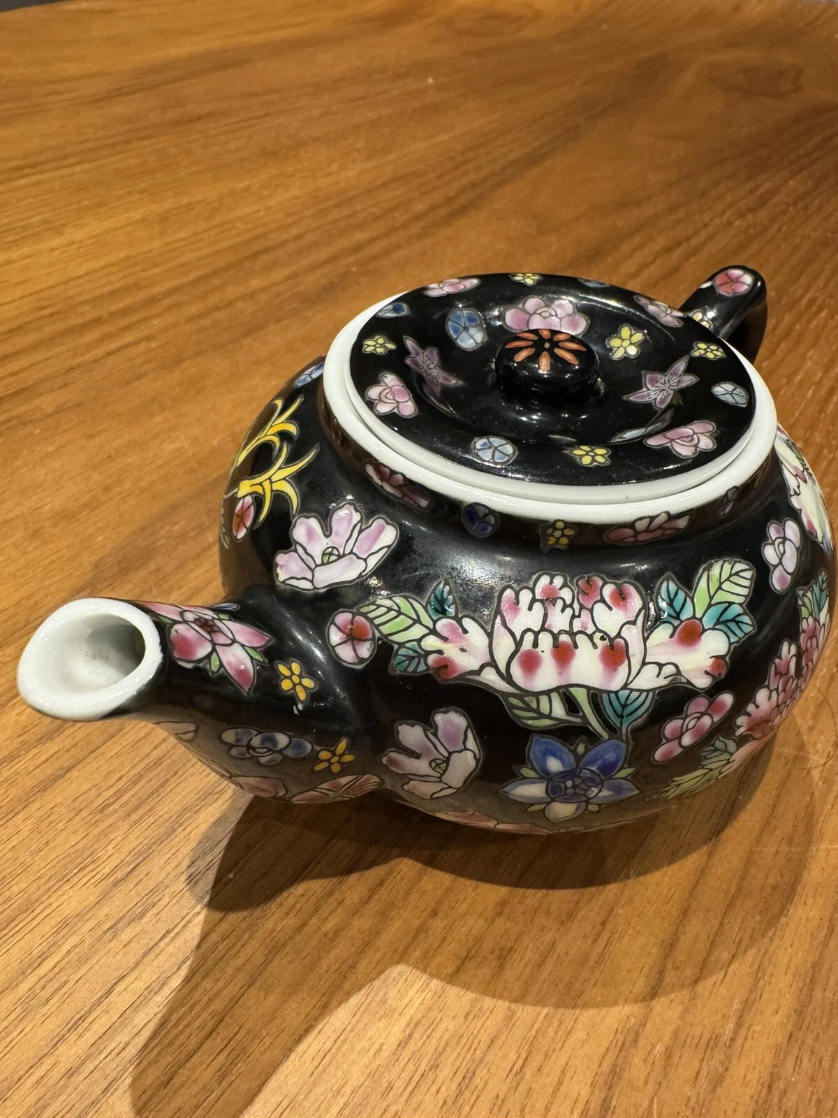 Chinese China Porcelain Tea Pot Hand Painted Floral Famille Noire Black Enamel | eBay
