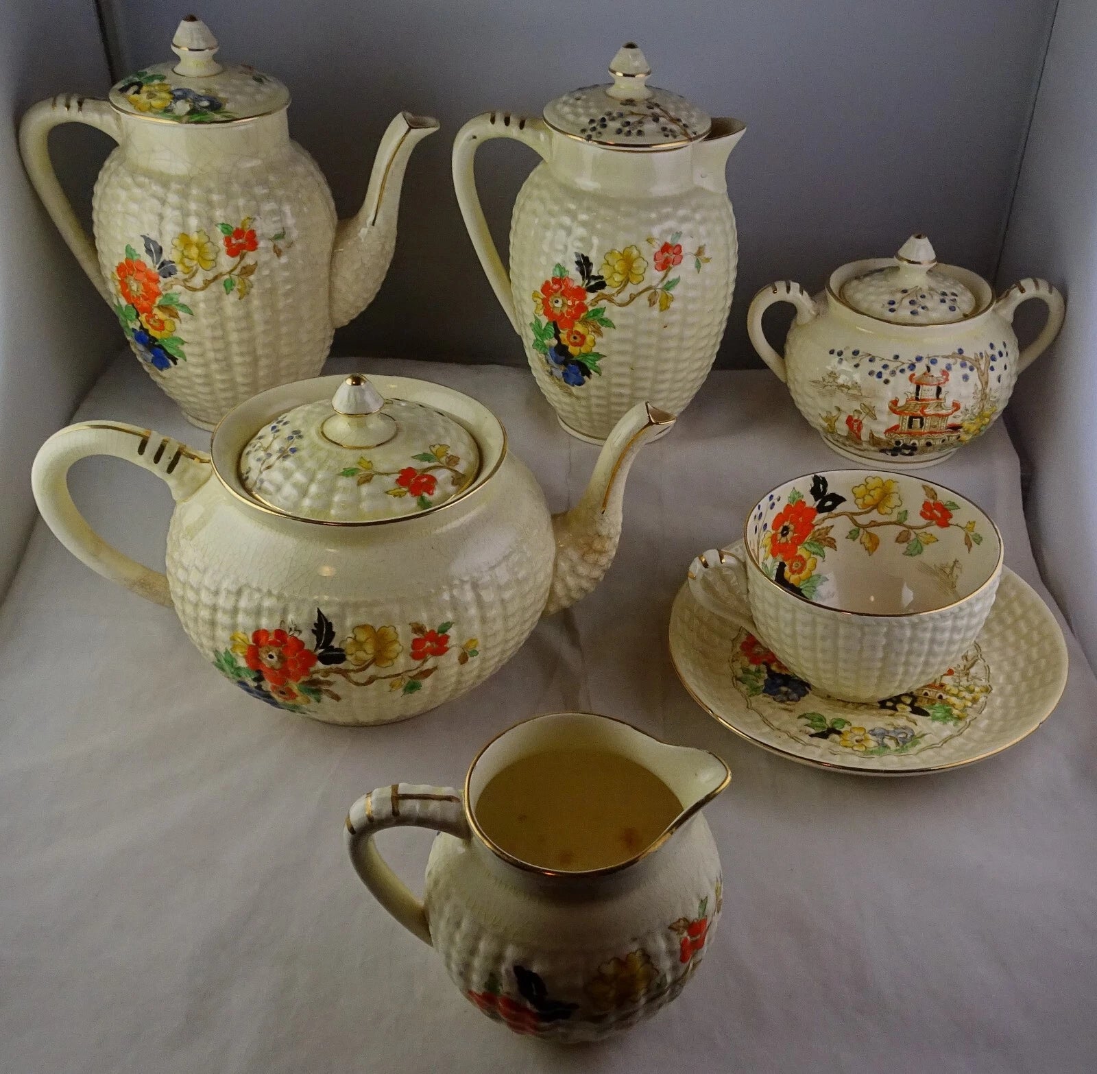 Adderley Temple Group - Pitchers Teapot Creamer Sugar ++ Asian Scene Enamelled | eBay