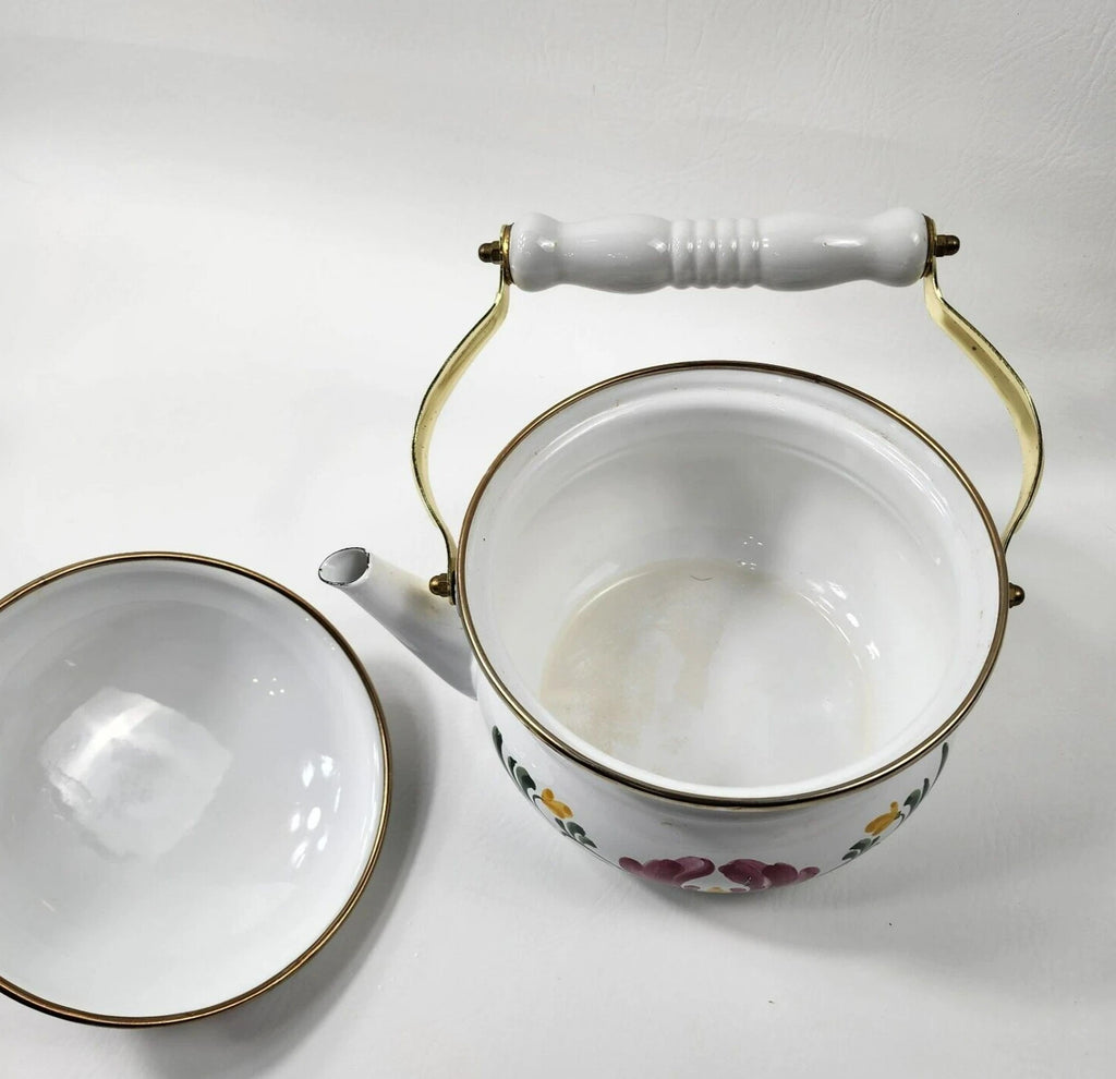 Enamel Tea Kettle Pot Metal Pennsylvania Dutch Floral Brass Knob Ceramic Handle | eBay