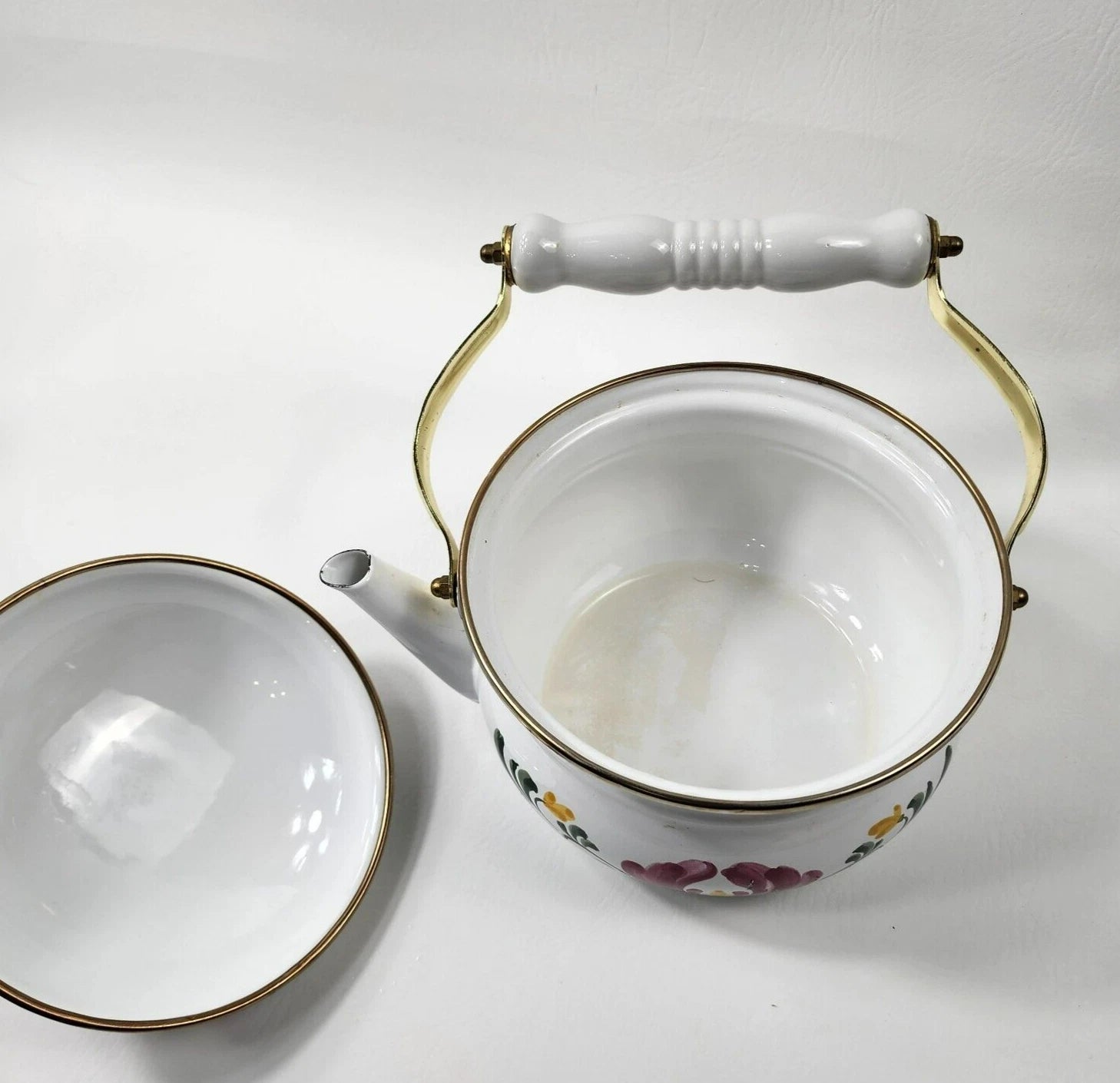 Enamel Tea Kettle Pot Metal Pennsylvania Dutch Floral Brass Knob Ceramic Handle | eBay