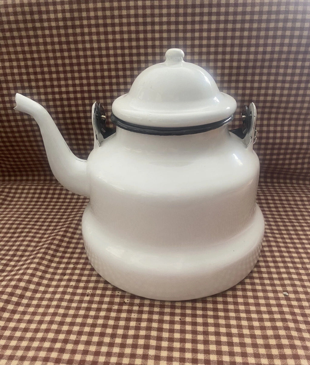 EMAILUL White w/black Enamel Gooseneck Farmhouse Teapot Kettle Made In Romania | eBay