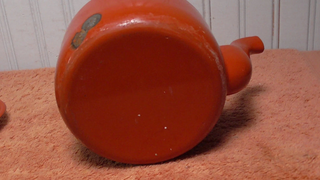 Vintage Enamel Teapot Tea Kettle MCM Teak Wood Handle reddish orange | eBay