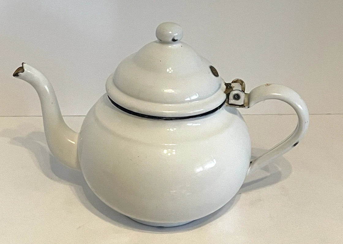 Vintage White Enamelware Teapot w Lid Rustic Farmhouse 7 Inches Tall | eBay