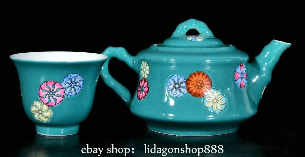 10.3" Yongzheng Marked Enamel Blue Porcelain Flower Pattern Teapot Cup Plate Set | eBay