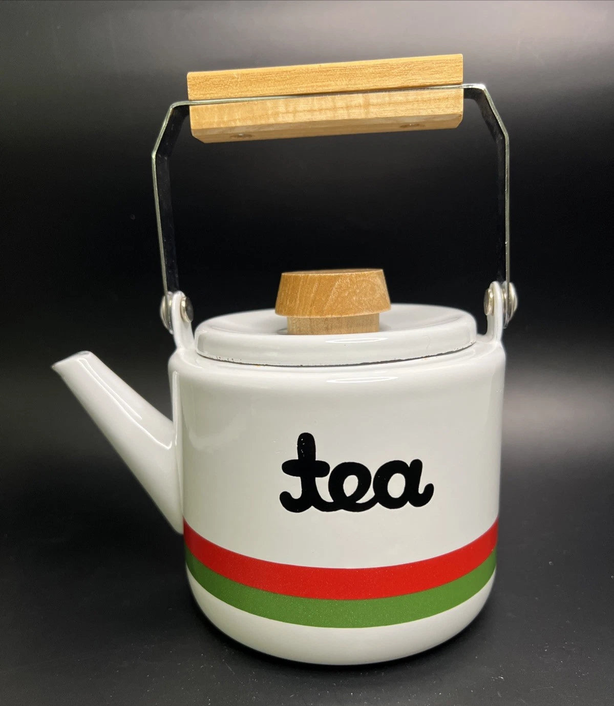 Vintage Japan White Enamel Teapot Kettle Red/Green Stripes Wooden Knob Handle | eBay