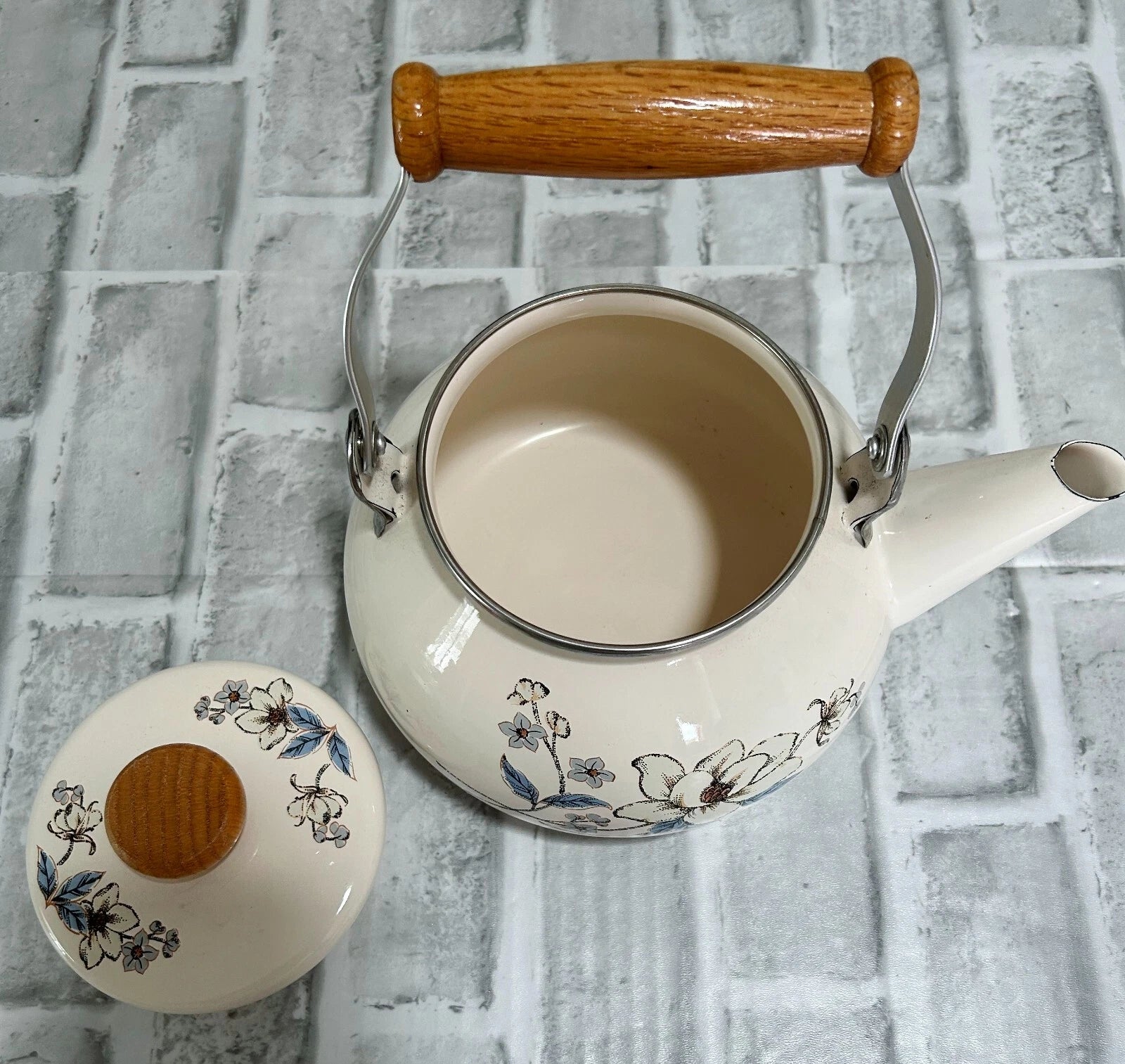 Vintage Teapot Enamel Kettle with Wooden Handle and Pot Top Floral Design | eBay
