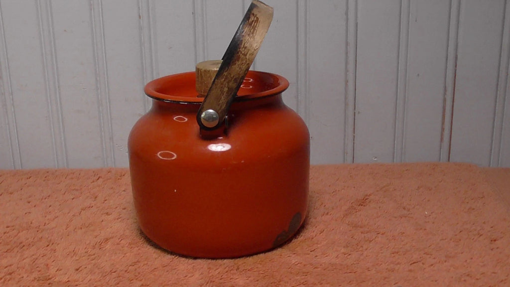 Vintage Enamel Teapot Tea Kettle MCM Teak Wood Handle reddish orange | eBay