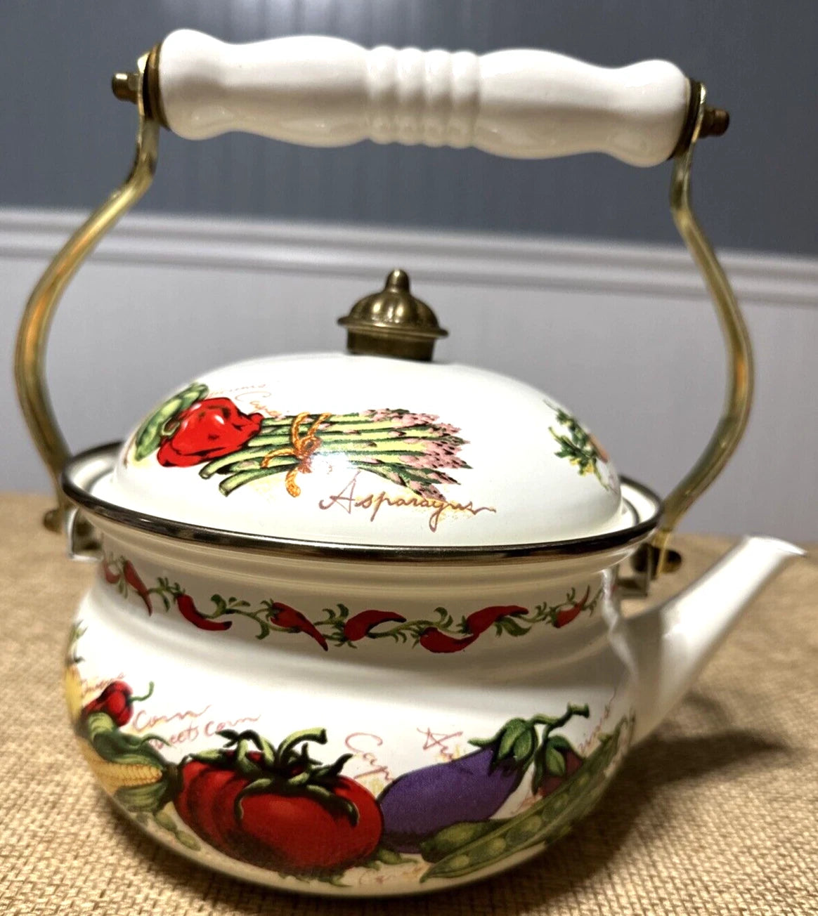 Vintage Enamel Teapot Kettle Vegetables EUC | eBay
