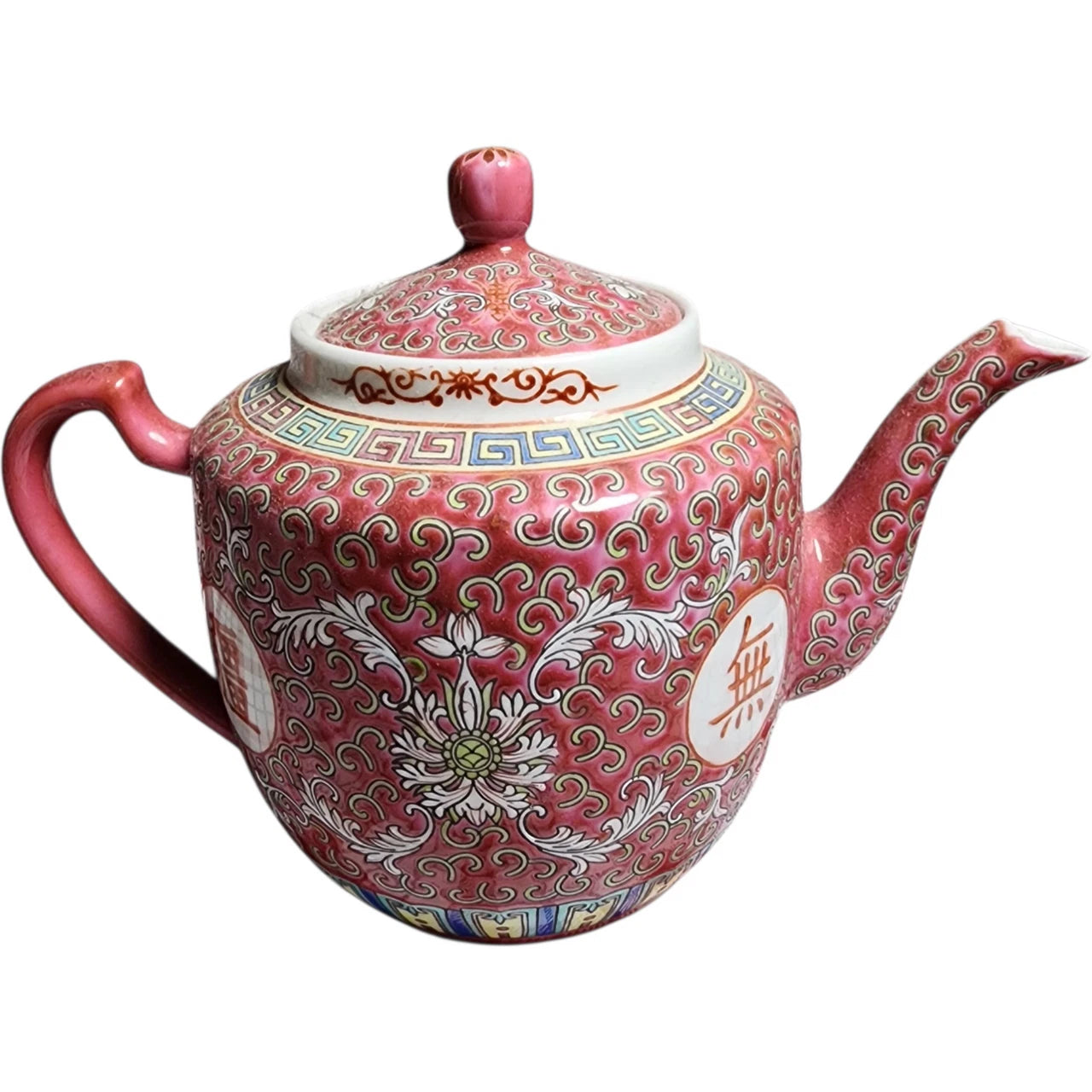 Vintage Chinese Porcelain Teapot Red & White Longevity Symbols Floral Lotus Desi | eBay
