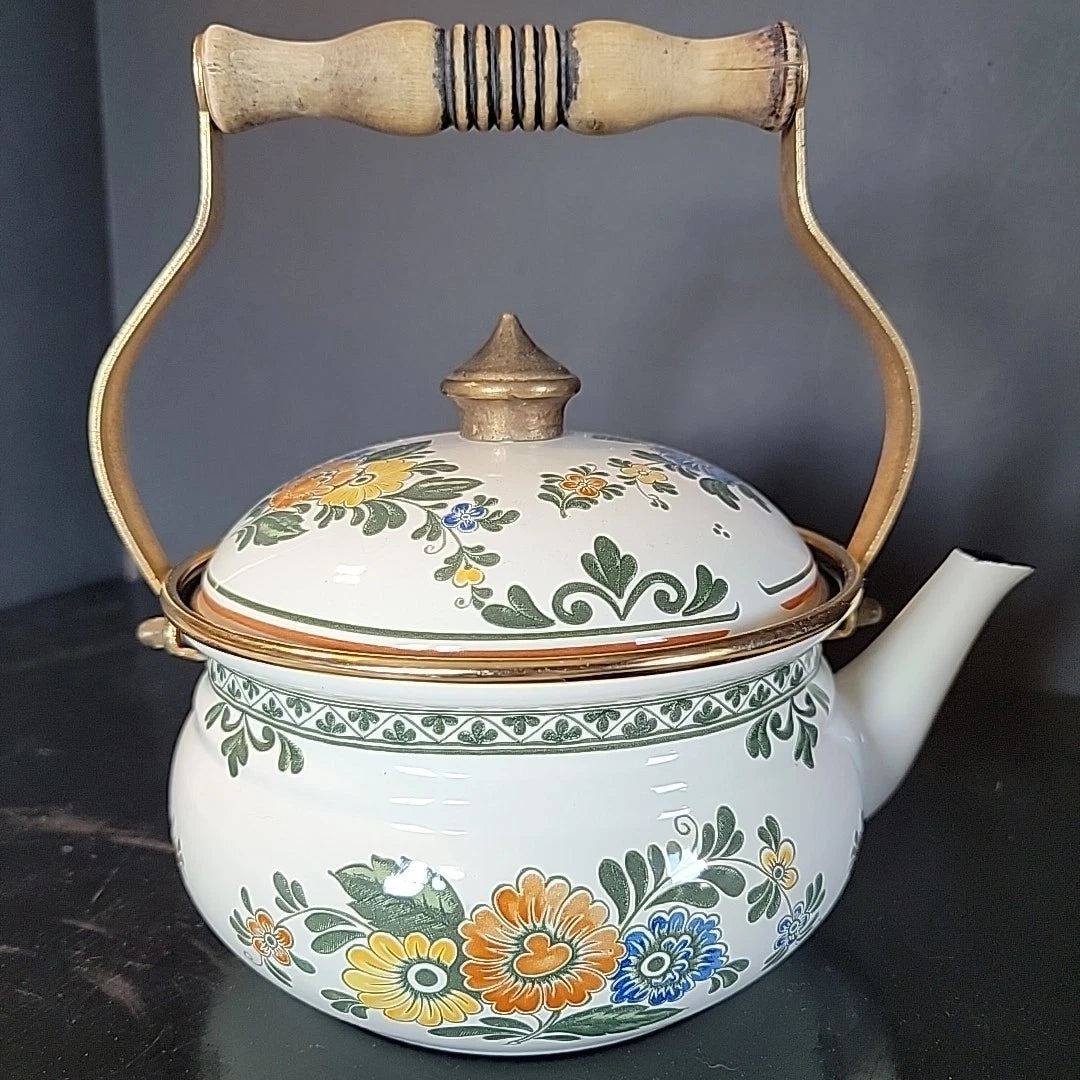 Floral Flowers enamel ware Cottage Grandma Core Asta Teapot Country Orange Blue | eBay
