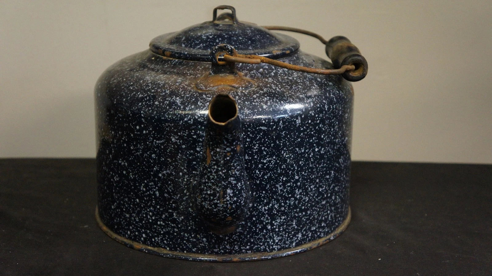 Vintage Blue Speckled Enamelware Porcelain Coffee Pot Tea Kettle Wood Handle 9" | eBay