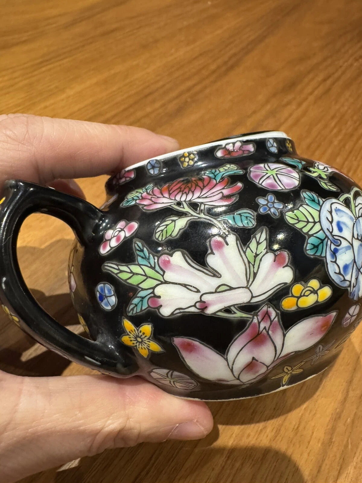 Chinese China Porcelain Tea Pot Hand Painted Floral Famille Noire Black Enamel | eBay