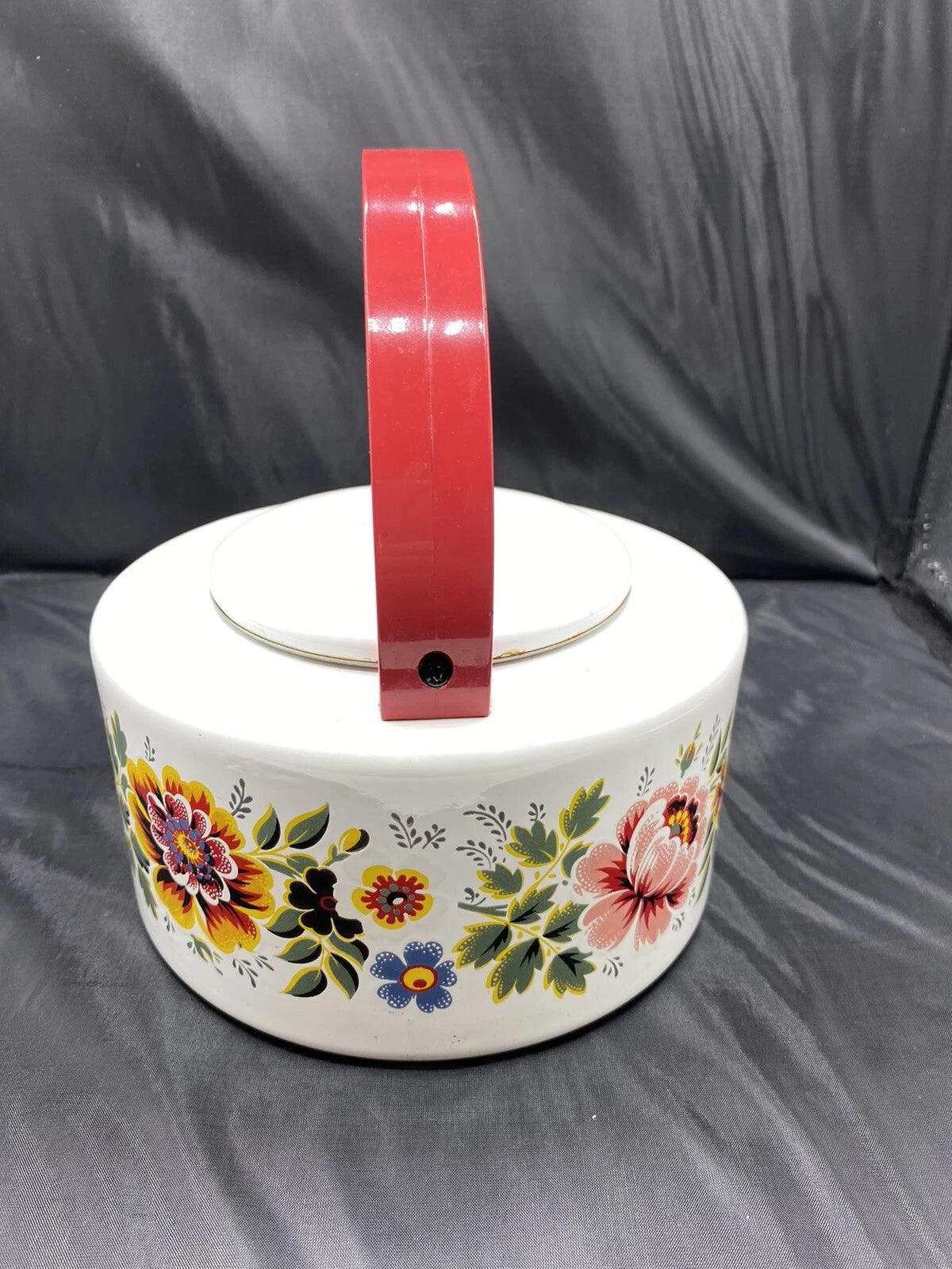 Enamel TEAPOT Kettle Floral Mid-Century Modern Red Round Handle Vintage | eBay