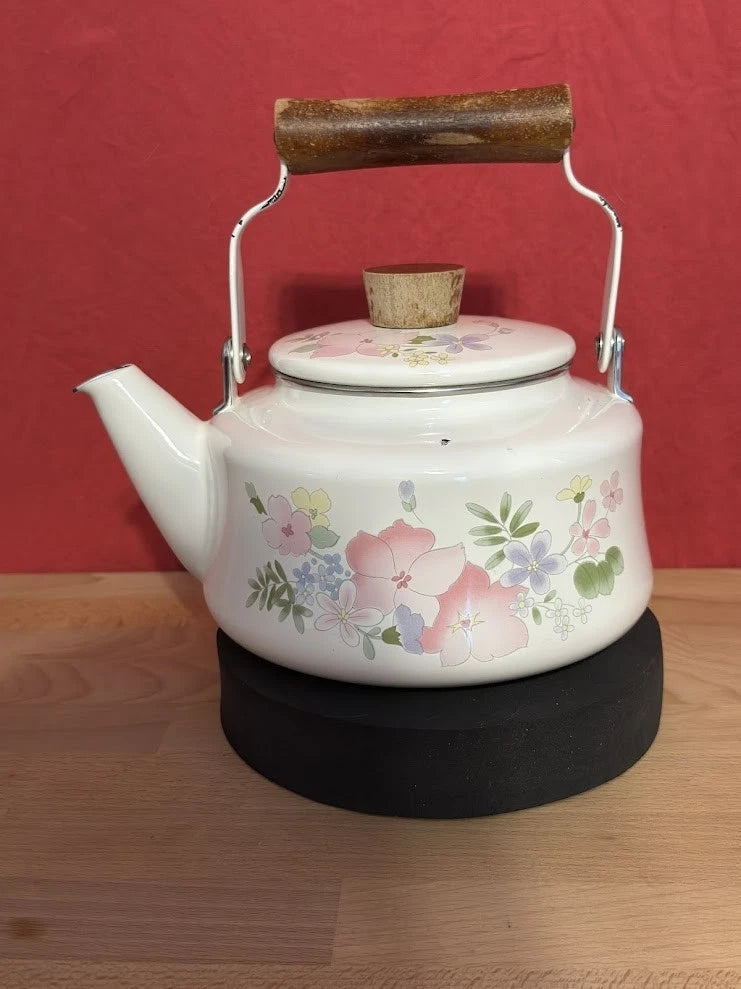 Kobe Japan VGT White Enamel Teapot Floral Flowers Cottage Tea Kettle Rustic | eBay