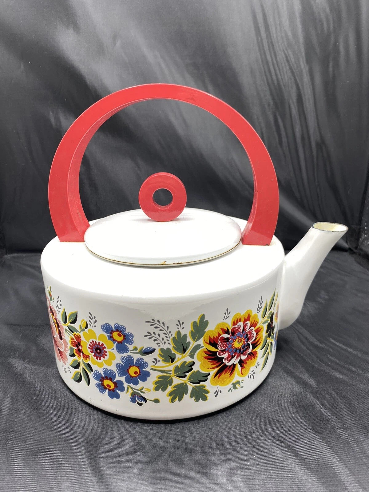 Enamel TEAPOT Kettle Floral Mid-Century Modern Red Round Handle Vintage | eBay