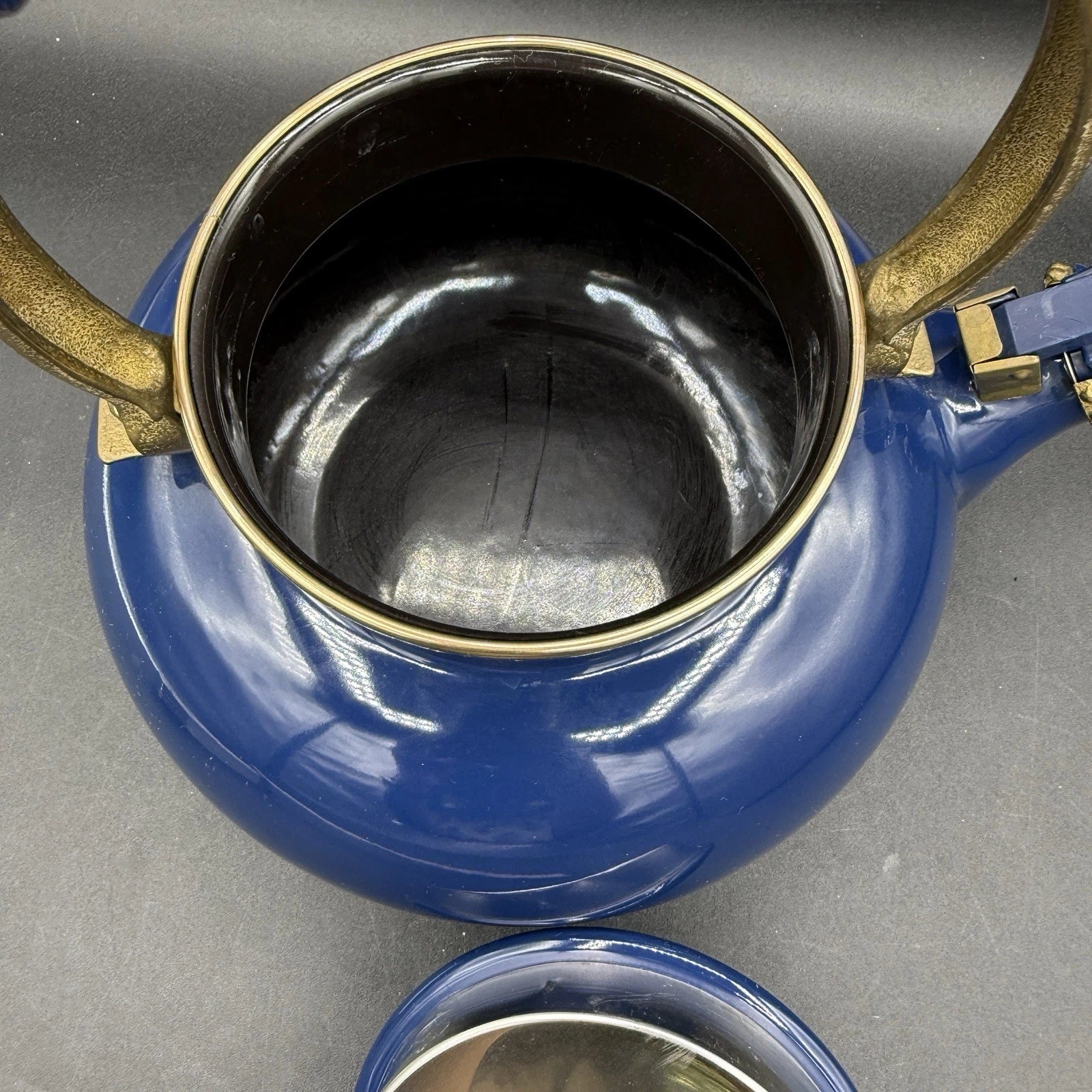 Vintage Ancona Blue Enamel Teapot Kettle with Brass Handle Accents 90s French | eBay
