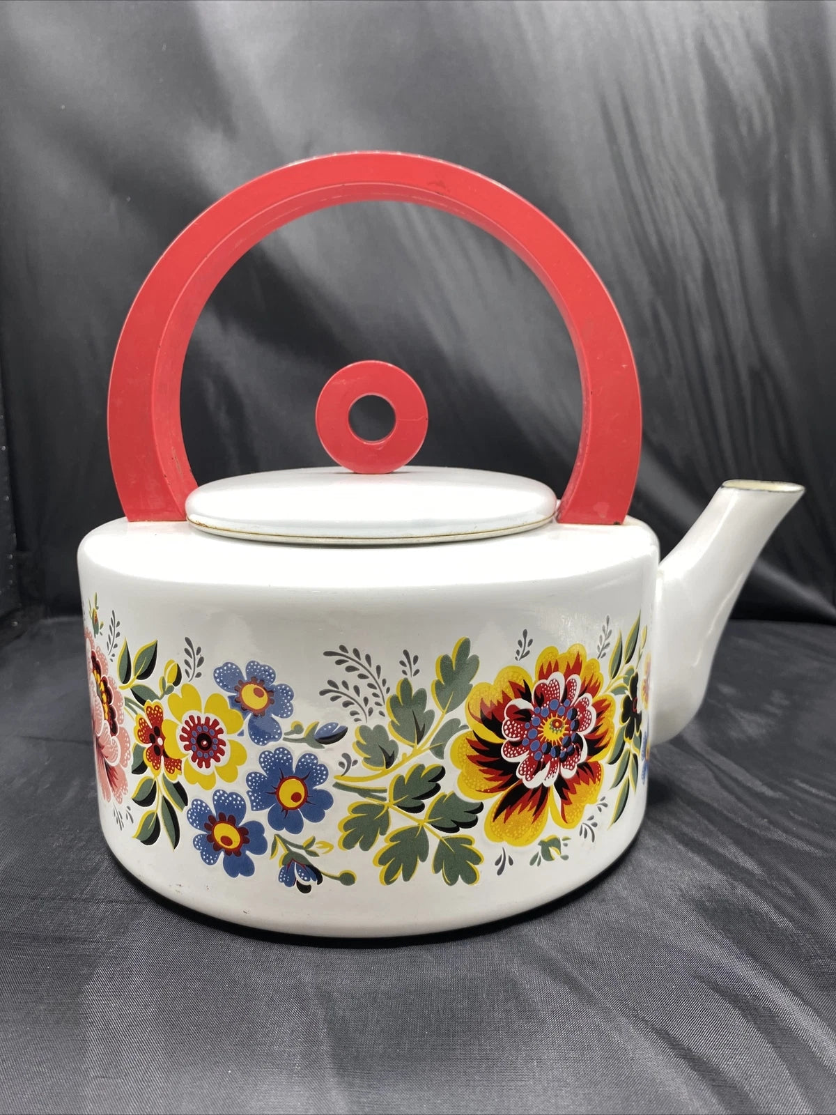 Enamel TEAPOT Kettle Floral Mid-Century Modern Red Round Handle Vintage | eBay