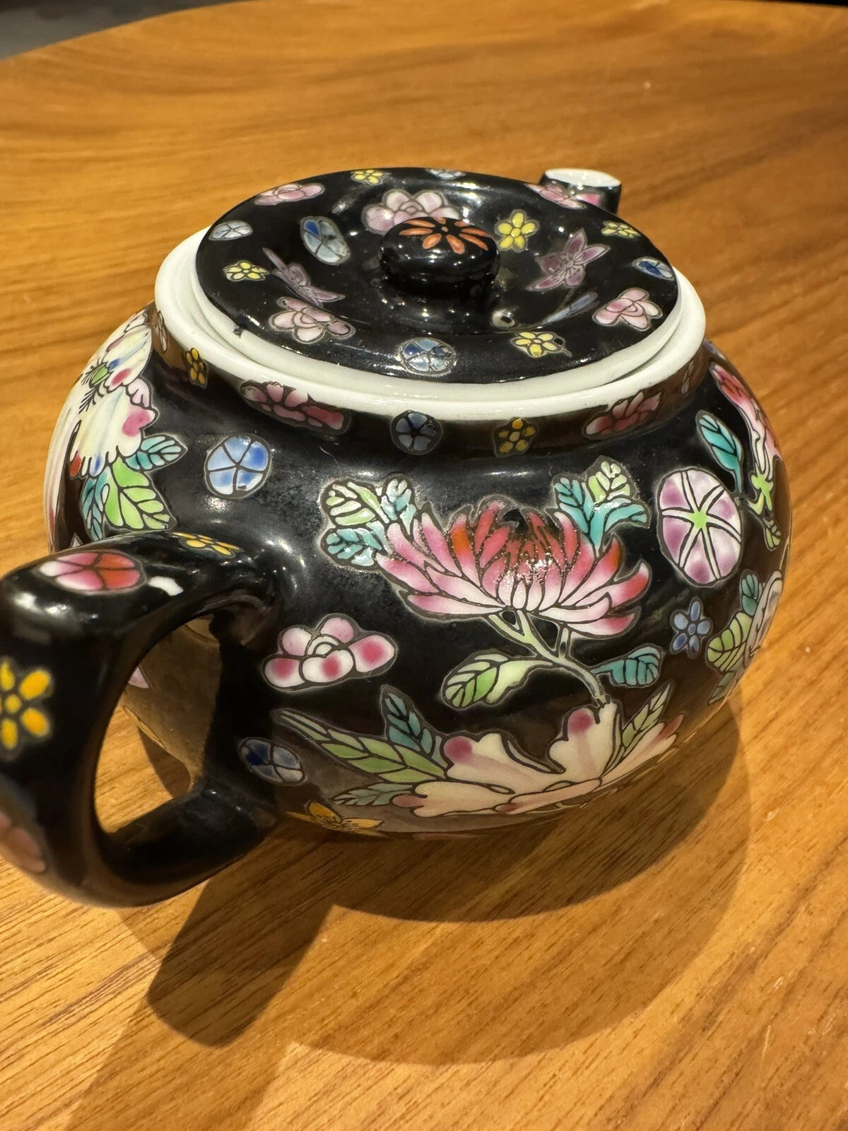 Chinese China Porcelain Tea Pot Hand Painted Floral Famille Noire Black Enamel | eBay