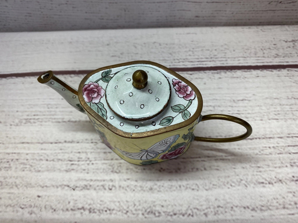 Miniature Enamel Handpainted Teapot - Floral with Butterflies - Unknown Artist | eBay