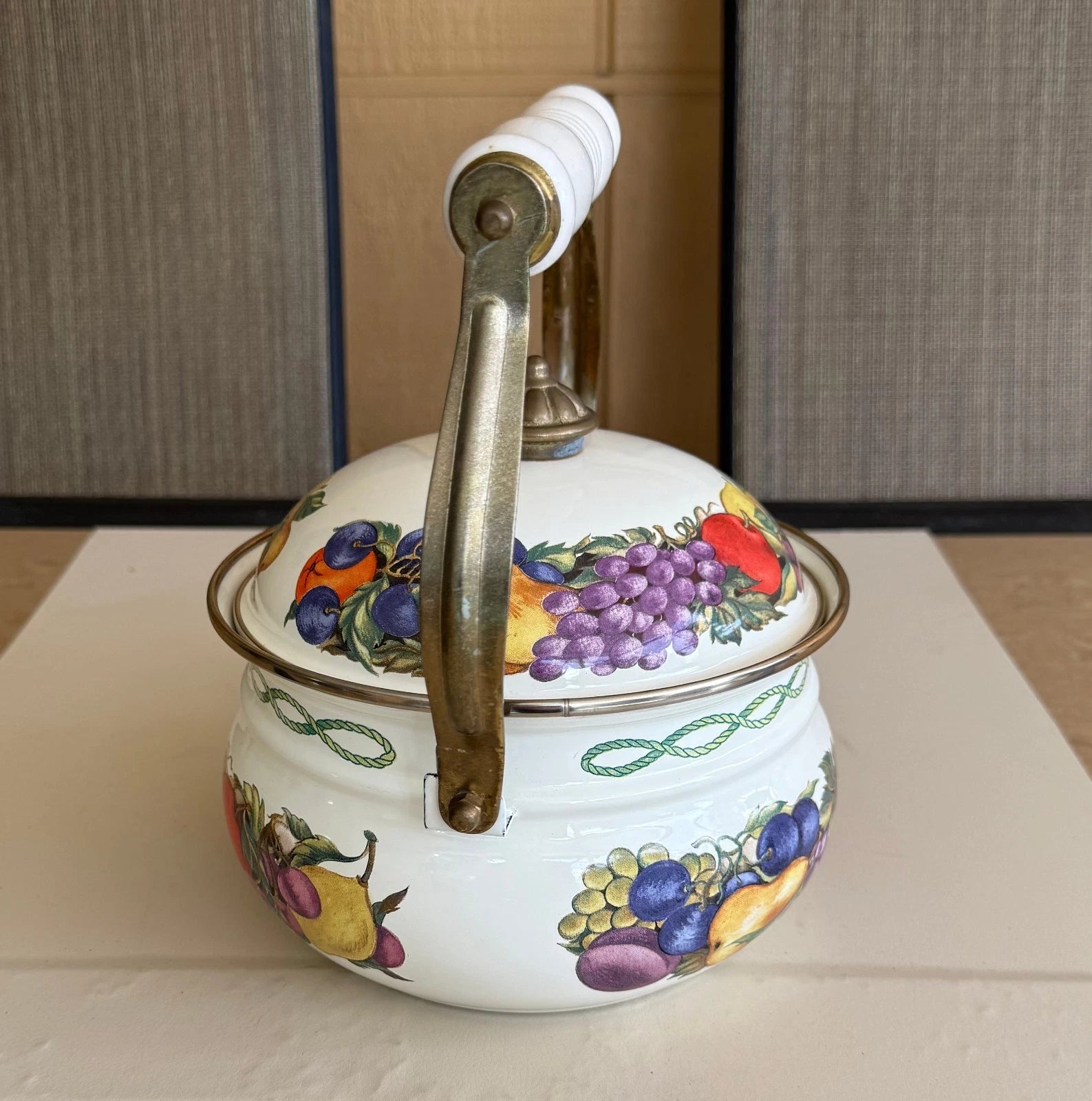 CORNUCOPIA DECORATIVE ENAMEL COATED TEA POT FRUIT DESIGN BRASS & CERAMIC HANDLE | eBay