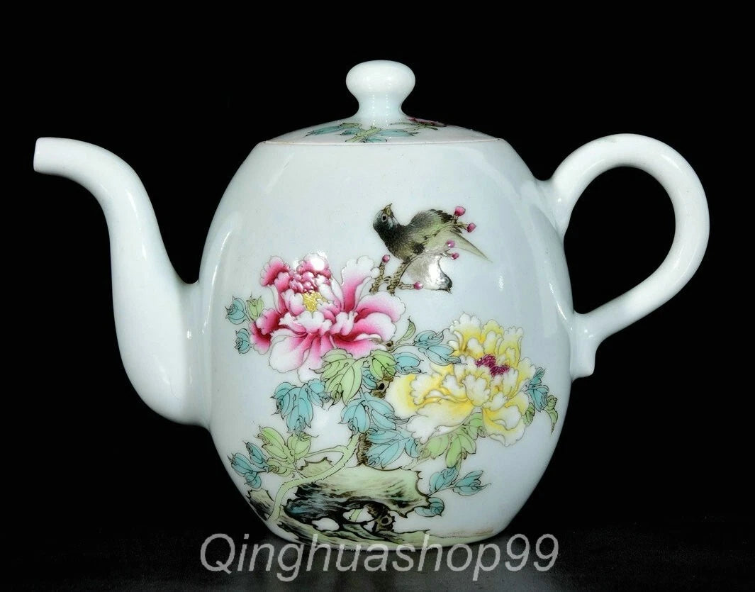 7.4" Old Chinese Marked Enamel Porcelain Flower Birds Words Pattern Tea Pot | eBay