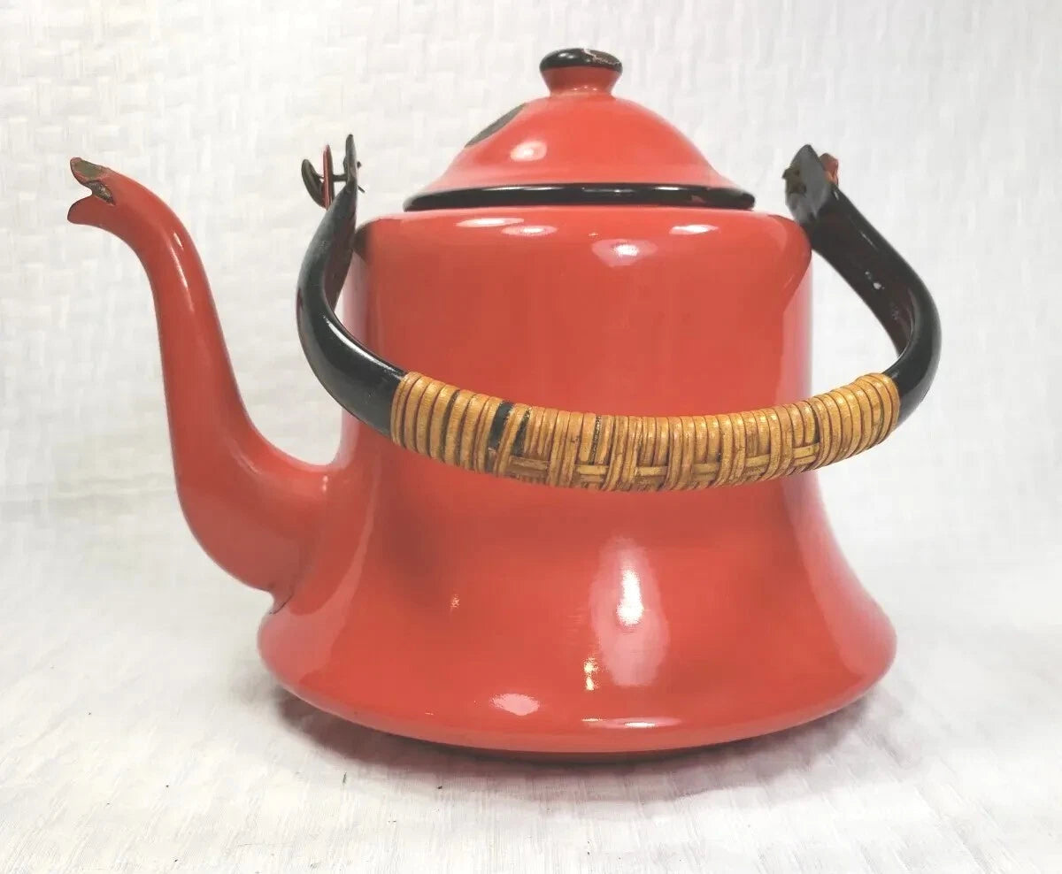 VTG Retro Asahi Japan Red Enamelware Tea Pot Kettle Rattan Wrap Handle | eBay