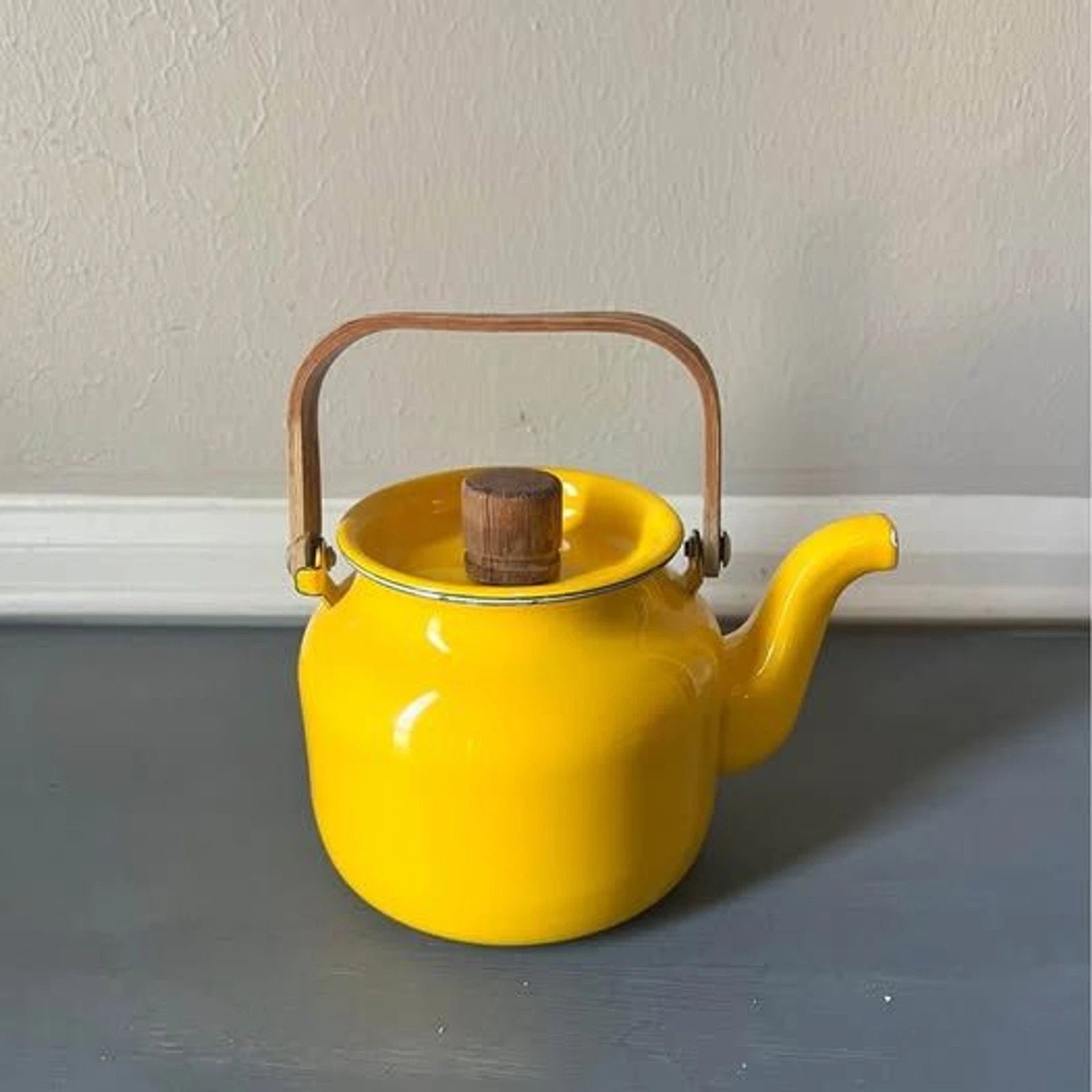 Vintage MCM Yellow Enamel Teapot with Teak Handle and Knob | eBay