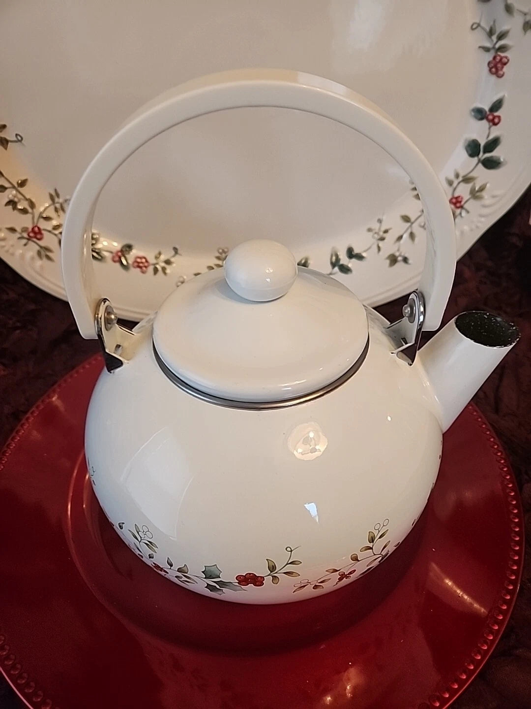 Pfaltzgraff Winterberry 2qt Teapot Kettle Porcelain Enamel on Metal Holly Berry | eBay