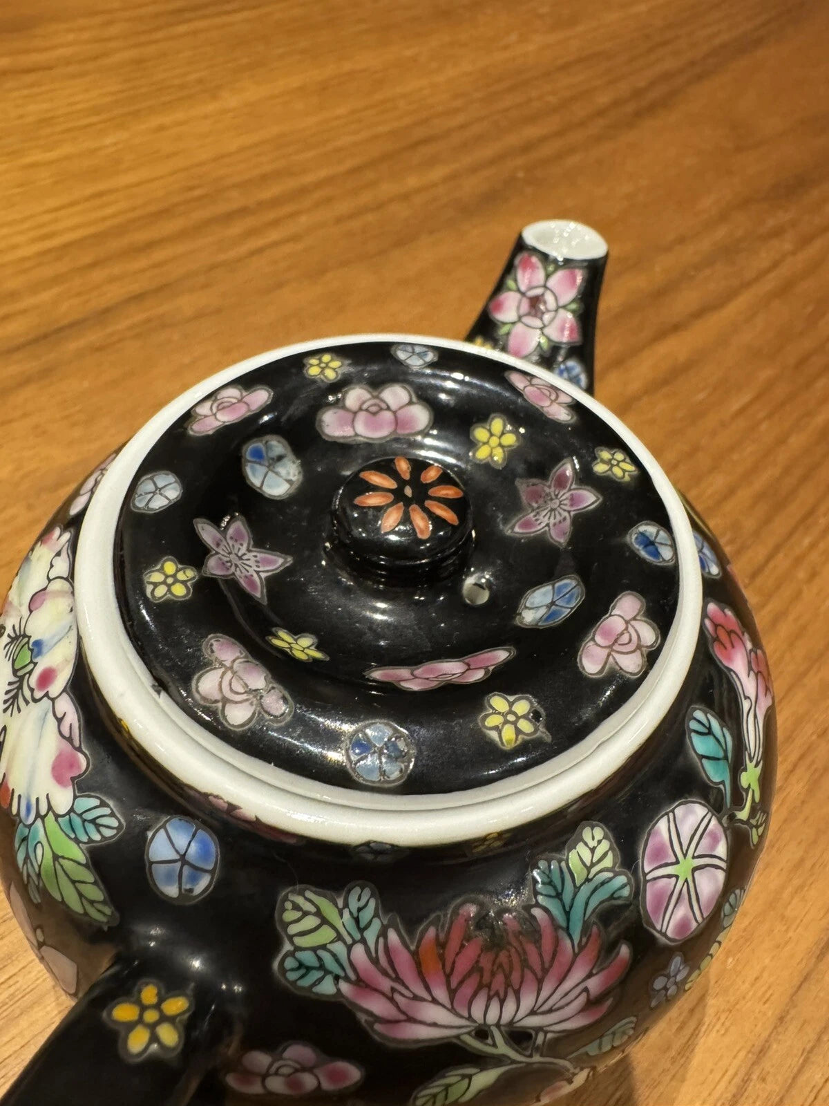 Chinese China Porcelain Tea Pot Hand Painted Floral Famille Noire Black Enamel | eBay