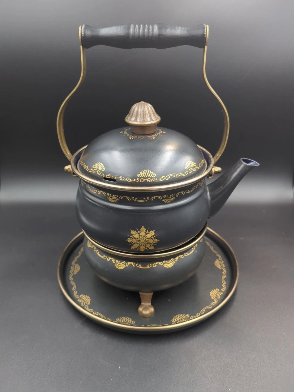 Vntage ASTA Fissler Enamelware Teapot and Warmer Set Black With Gold Trim | eBay