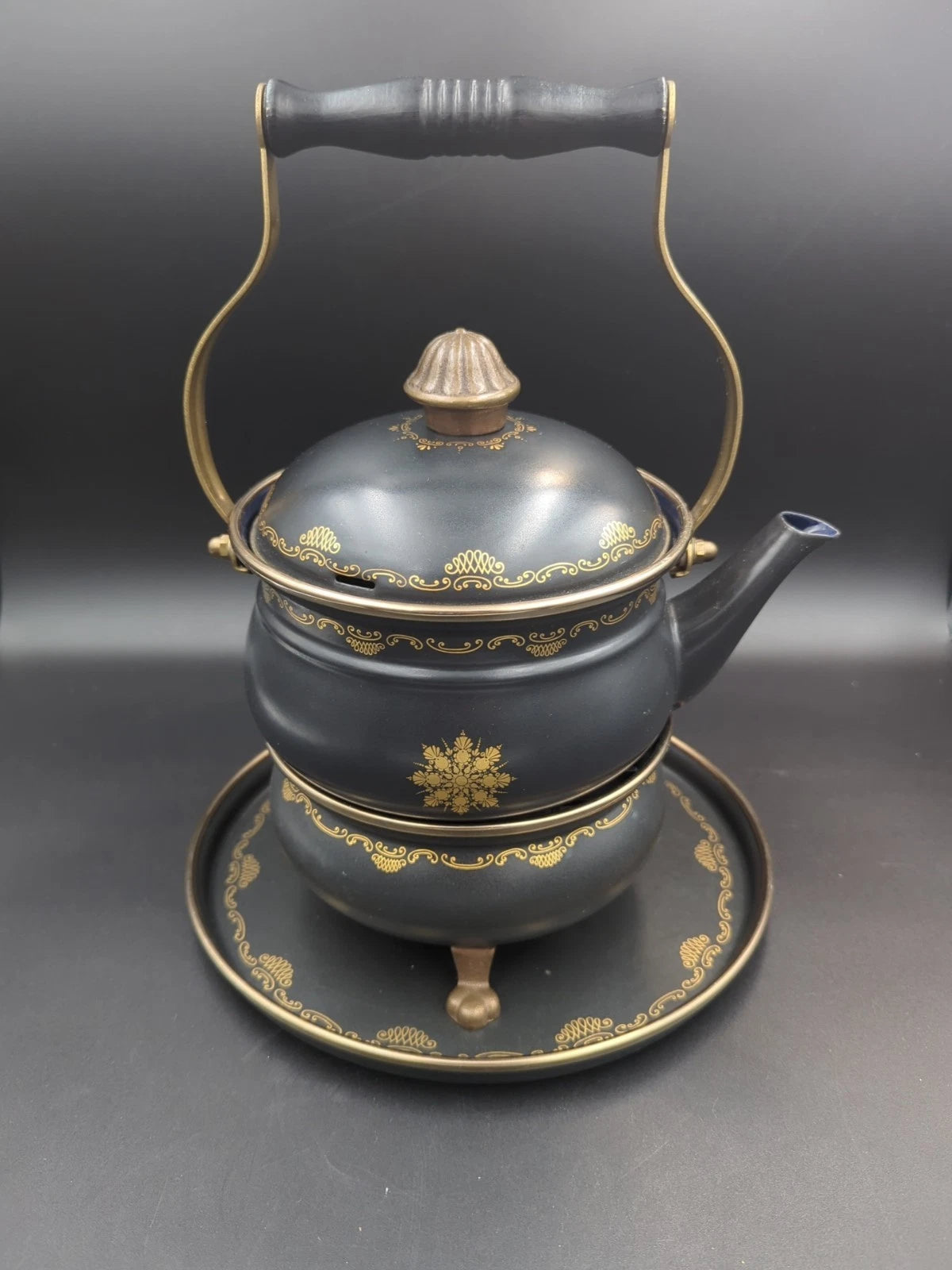 Vntage ASTA Fissler Enamelware Teapot and Warmer Set Black With Gold Trim | eBay