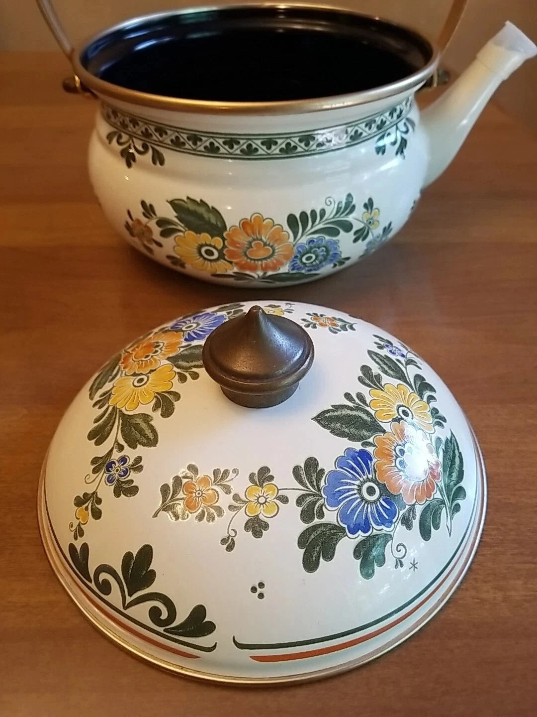 ASTA Enamelware Tea Kettle Teapot Brass Handles Floral Vintage UNUSED Germany | eBay