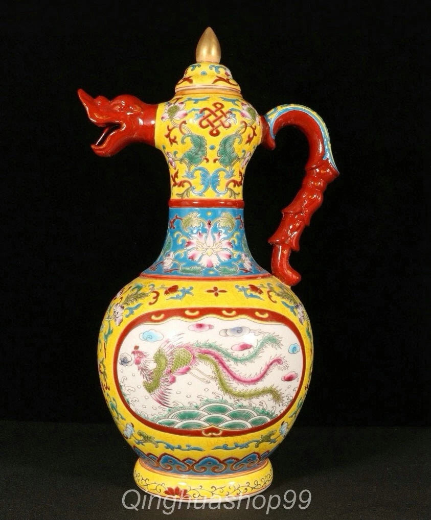 11.6" Qianlong Marked Enamel Porcelain Dragon Phoenix Beast Head Wine Tea Pot | eBay
