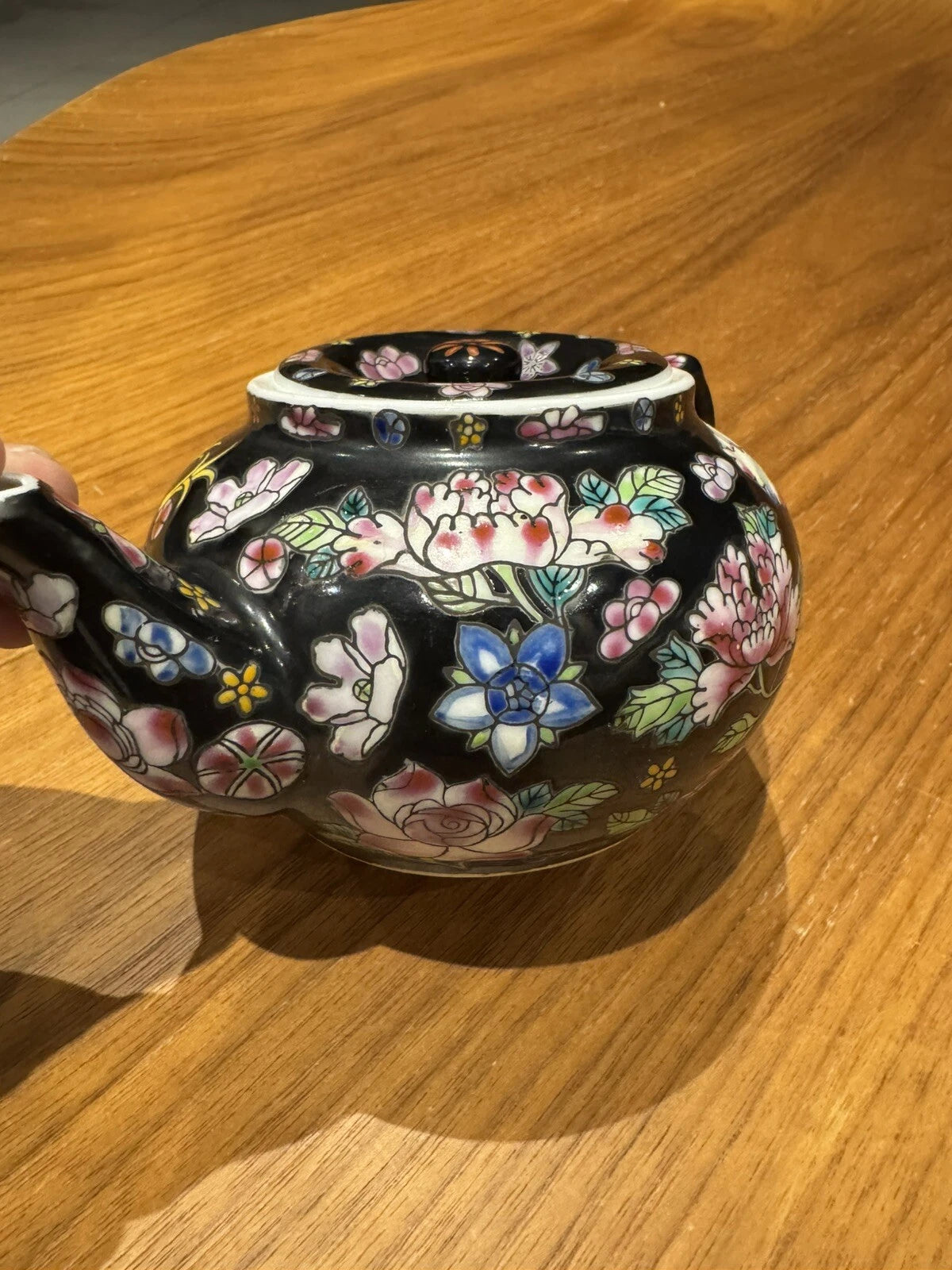 Chinese China Porcelain Tea Pot Hand Painted Floral Famille Noire Black Enamel | eBay