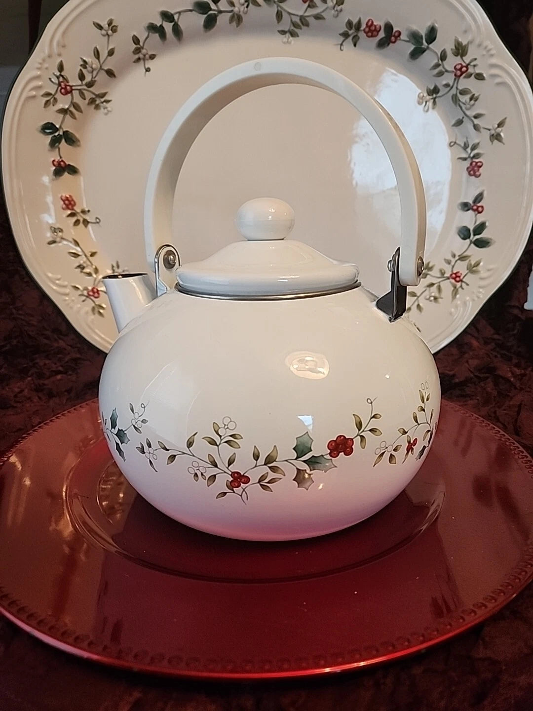 Pfaltzgraff Winterberry 2qt Teapot Kettle Porcelain Enamel on Metal Holly Berry | eBay
