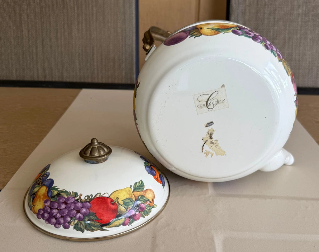 CORNUCOPIA DECORATIVE ENAMEL COATED TEA POT FRUIT DESIGN BRASS & CERAMIC HANDLE | eBay