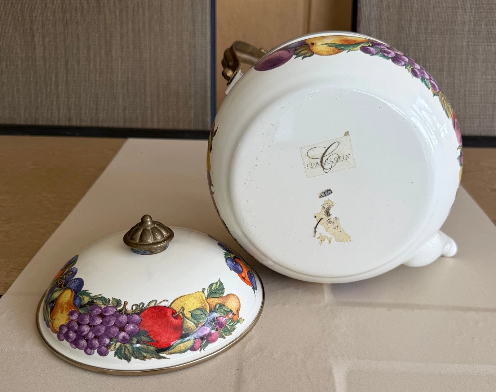 CORNUCOPIA DECORATIVE ENAMEL COATED TEA POT FRUIT DESIGN BRASS & CERAMIC HANDLE | eBay