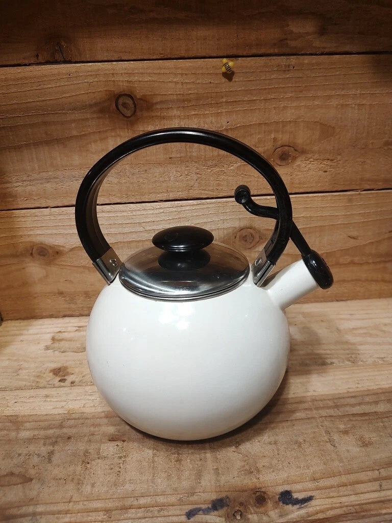 Enamel Teapot Kettle, Beige Black Handle Silver Lid | eBay