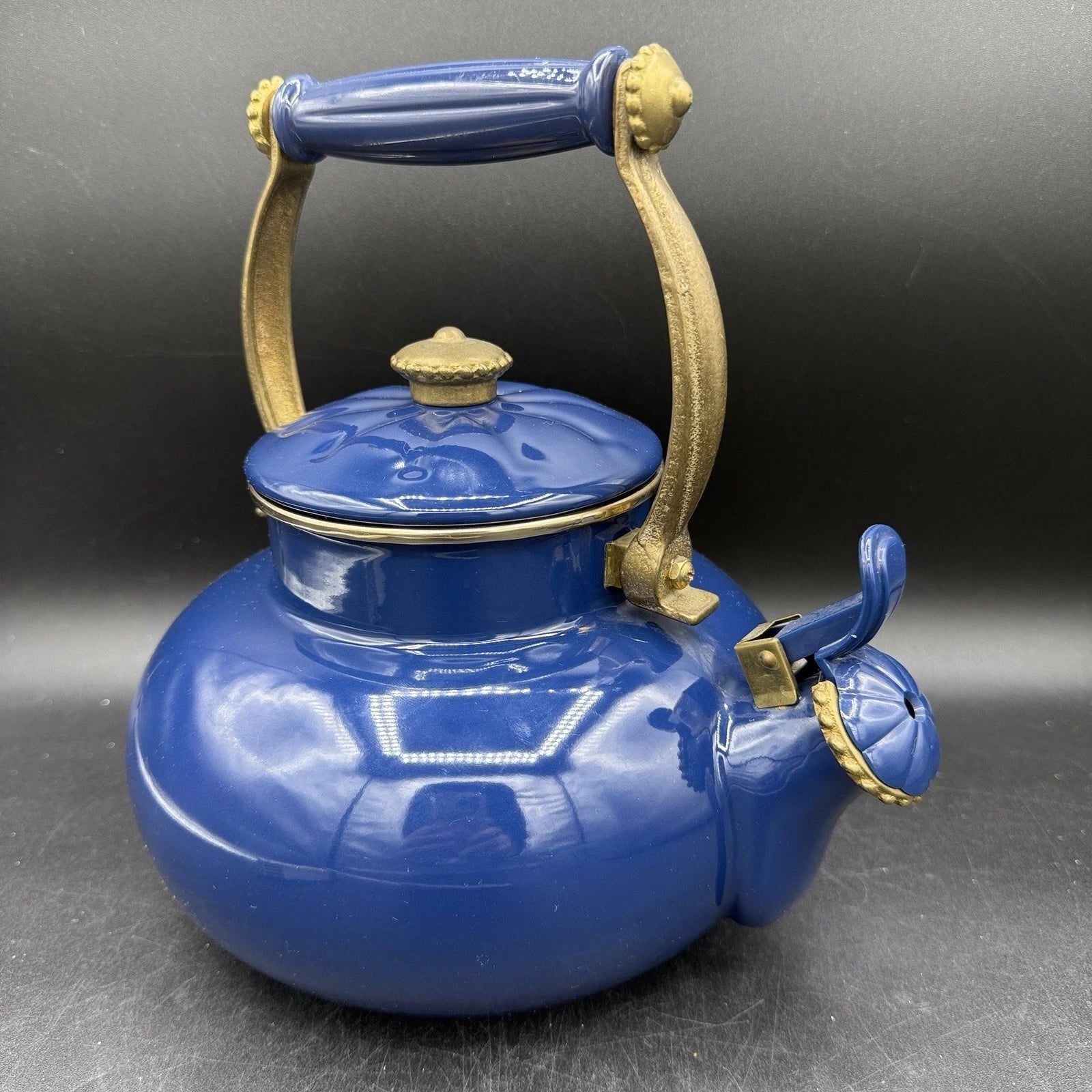 Vintage Ancona Blue Enamel Teapot Kettle with Brass Handle Accents 90s French | eBay